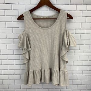 Copper Key Cold Shoulder Tan Ruffled Top XL